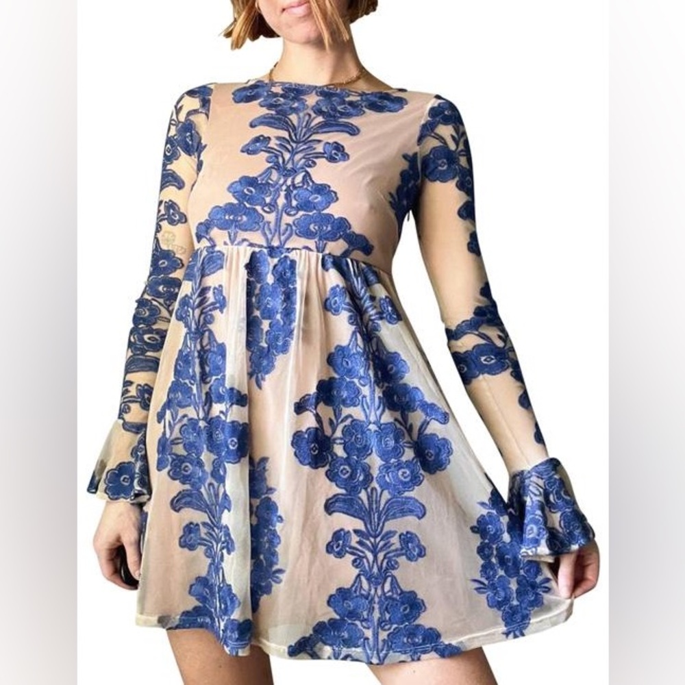 For Love and Lemons, Lace Mesh Long Sleeve Bell Sleeve Cocktail Dress